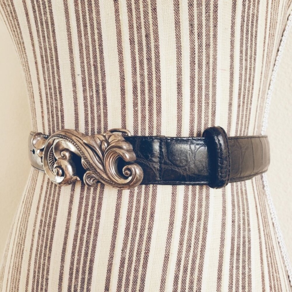 Brighton Vintage 1995 Leather Belt Black Croc Embossed size S Art Deco Boho - Picture 3 of 10